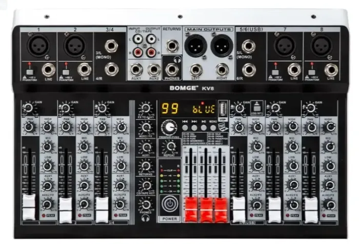Mesa de som profissional para DJ Bomge KV8 de 8 canais Bluetooth com alimentação fantasma