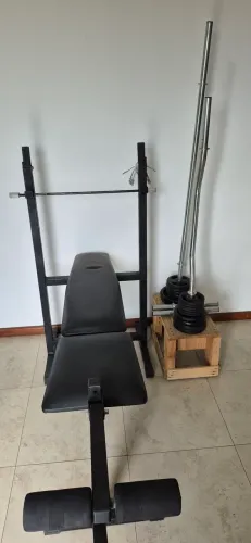 banco supino, barras e halteres