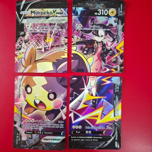 Pokémon Morpeko V-UNIÃO, composto por quatro cartas promocionais