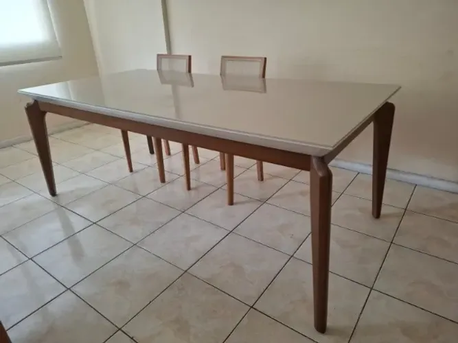 Mesa de Jantar Lauren 210 cm - Natural c/ Vidro Off White