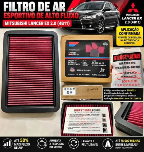 FILTRO DE AR ESPORTIVO ALTO FLUXO MITSUBISHI LANCER EX 2.0 4B11