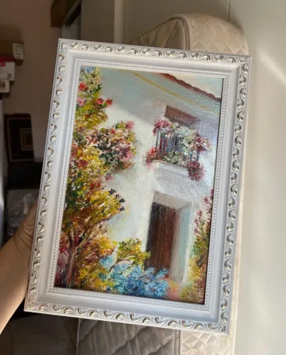 lindo quadro pintado a mão tinta a óleo casarão com flores jardim