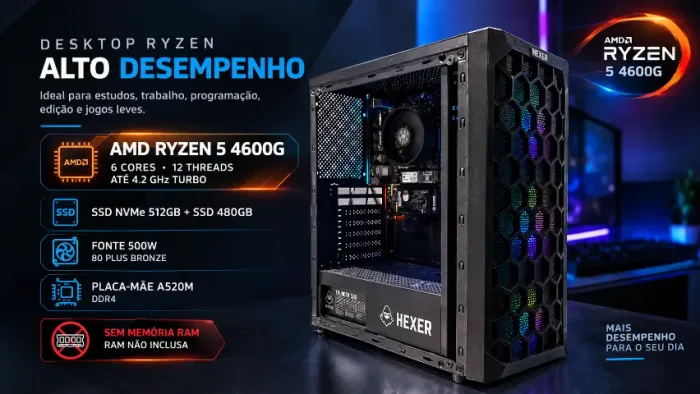 PC Ryzen 5 4600G | 512GB NVMe + 480GB SSD | A520 | 500W