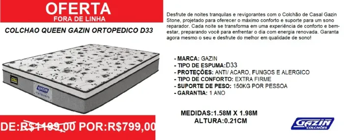 Colchão queen espuma d33 gazin stone semi ortopédico - super oferta