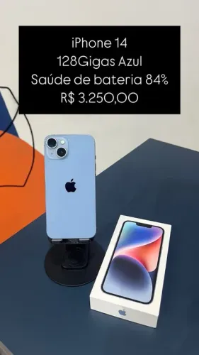 IPhone 14 Azul 128Gigas Saúde de Bateria 84% R$3.250,00 | Loja Física |
