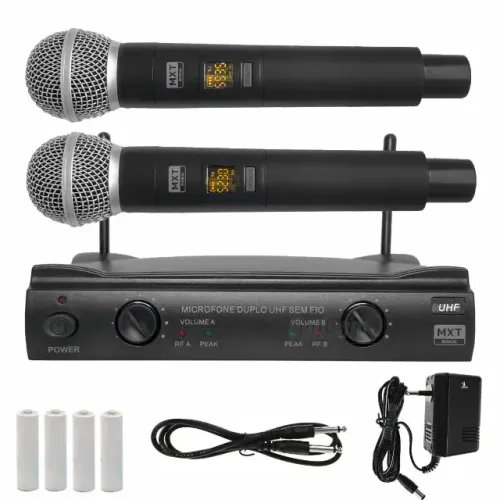 Microfone Sem Fio Duplo De Mão Mxt Uhf 320m 96 Canais