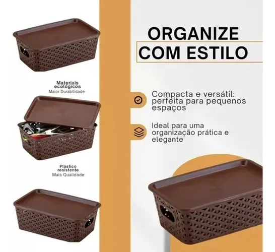 PROMOÇÃO! Caixas Organizadoras Com Tampa Pequena 2 Litros Rattan-NOVO
