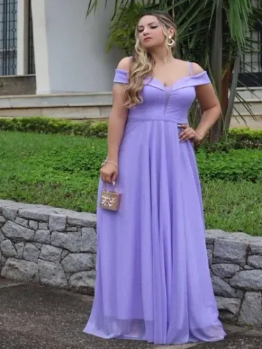 Vestido Longo Lilas Ombro A Ombro Com Fenda Brilho