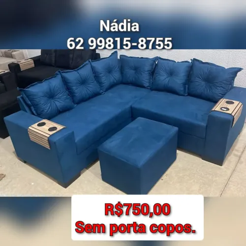 Sofá azul 5 lugares com puff entrega grátis 