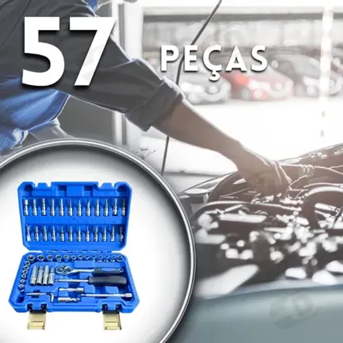 Jogo de Soquete Kit 57 Peças 1/4 Catraca Ferramentas e Maleta Reversível Aço CRV