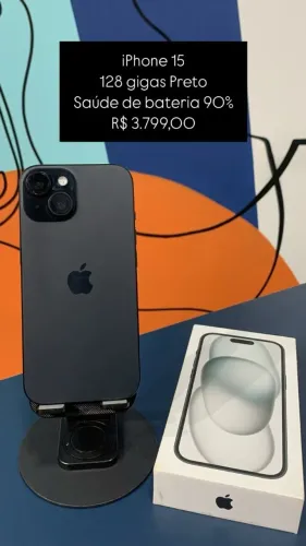 iPhone 15 / 128GB / Preto / Saúde de bateria 90% / R$ 3.799,00