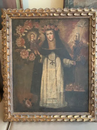 Quadro Antigo Cusquenho Religioso com Moldura Dourada