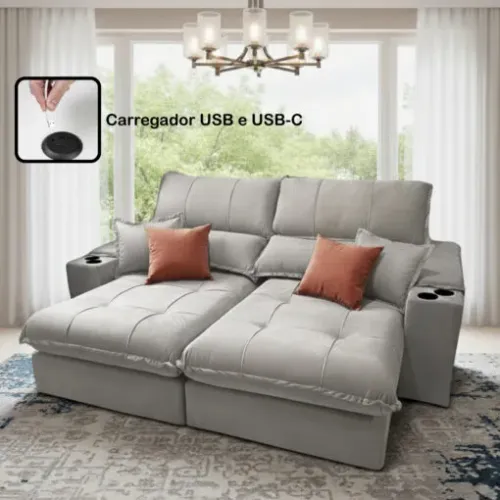 Sofa Retratil e Reclinavel Afrodite Slim 2,50 m Veludo Cinza Prata 107 - ZARAT ESTOFADOS  