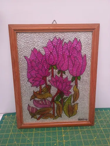 Quadro antigo vitral Flores 45x35 cm