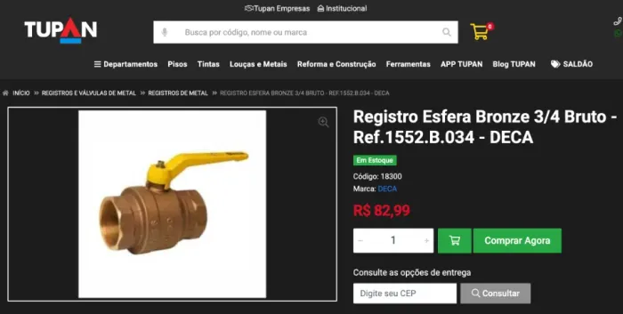 Registro/Valvula Esfera Bronze 3/4 DN20 3/4 Bruto - Ref.1552.B.034 - DECA - LACRADO
