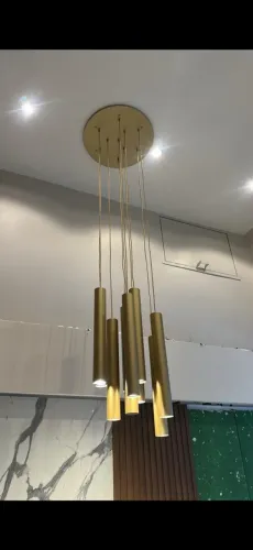 Lustre Pendente Candelabro Dourado Tubo/Cilindro para Pé-Direito Duplo - 10 Tubos
