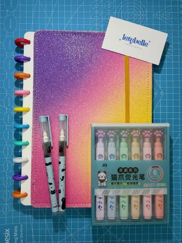 Kit caderno inteligente gradiente (B5) + kit marca-texto pata de gato + caneta de gatinho