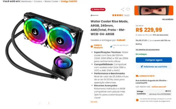 8 x R$25 Parcelo Water Cooler Rise mode ARGB 240mm