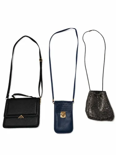Kit 3 Bolsas Femininas Pequenas Transversais - Preta, Azul e Brilhante