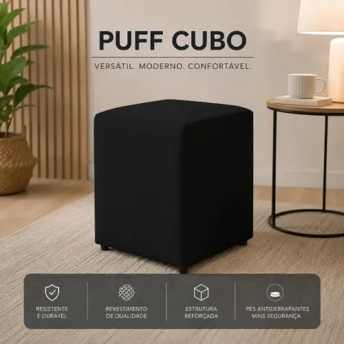 Puff Quadrado Suede Preto