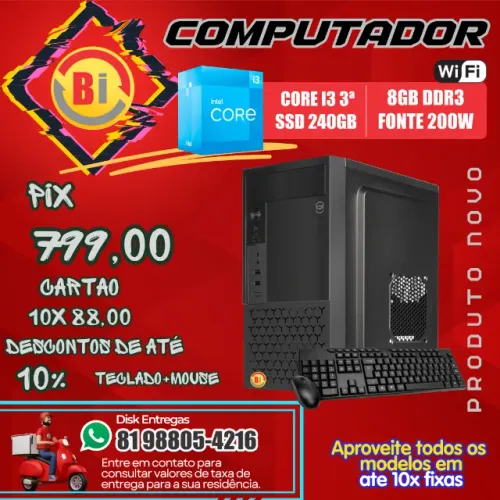 Computador I3, 8GB, SSD 240GB, Wifi, Teclado e Mouse - Em ate 10x Fixas