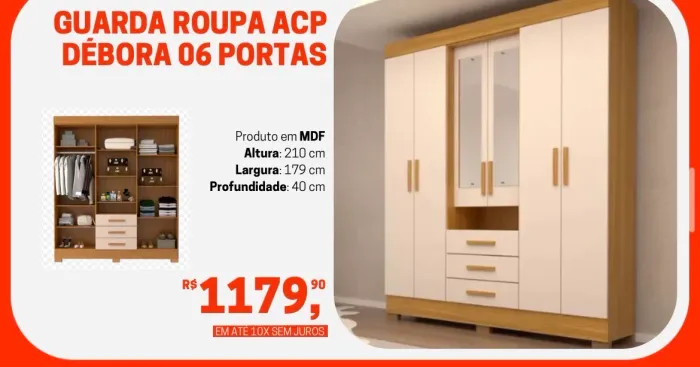 Guarda-Roupa ACP Débora 6 Portas com Espelho - MDF - Novo - Entrego