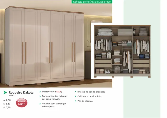 ROUP DAKOTA 2060 6P MDF - 595 REFLECTA B/ACACIA MADEIRADO - R$ 2.270,00 sem espelhos