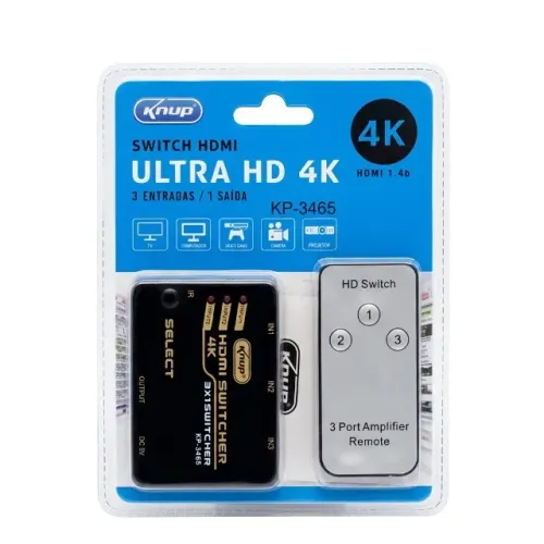 Switch HDMI 3 Entradas 1 Saída Ultra HD 4K Com Controle Knup KP-3465 Para TV PC Game Box