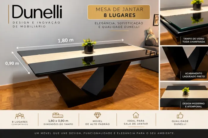 Mesa de Jantar Dunelli Alto Padrão - 6Lugares, Preta Laqueada, Vidro Chanfrado