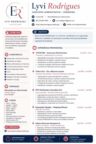 (Currículo) Assistência Administrativa | Suporte Administrativo e Comercial