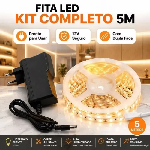 Kit Fita led branco quente 5 metros + fonte