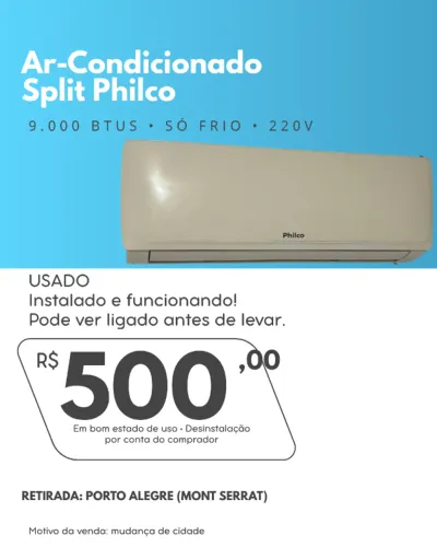 Ar condicionado Split Philco 9.000 BTUs Frio 220V