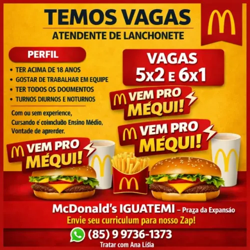 VAGAS DE EMPREGO 5X2 SEM EXPERIÊNCIA, COM EXPERIÊNCIA PARA MCDONALD`S DO SHOPING IGUATEMI