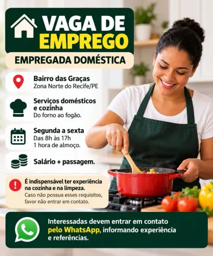 Vaga doméstica limpeza e saiba cozinhar