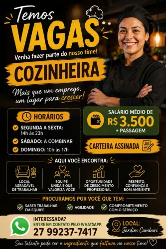 OPORTUNIDADE IMPERDÍVEL - VAGA PARA COZINHEIRA!