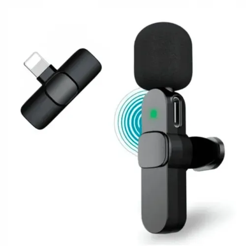 Microfone Lapela Para iPhone Sem Fio Wireless  Preto 360° 2.4GHz