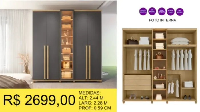 ROUPEIRO 100% MDF COM LED A PRONTA-ENTREGA