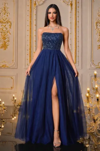 Vestido de Formatura Azul Marinho - Longo de Festa Luxo | Tomara que Caia