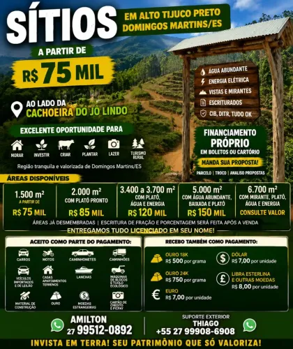 SÍTIOS EM DOMINGOS MARTINS/ES, ÁGUA, ENERGIA, PARCELO - A PARTIR DE R$ 75 MIL, troco <br>,