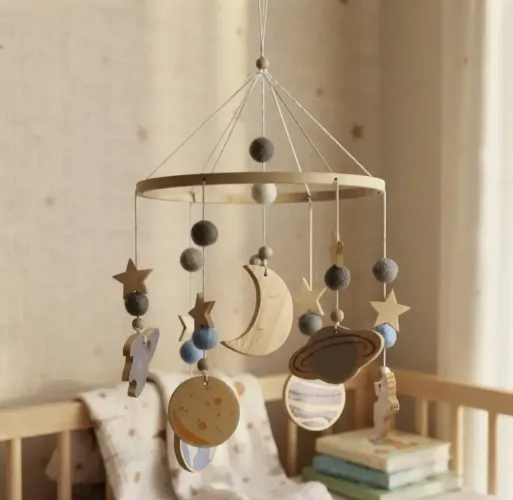 Móbile Berço Bebê Sensorial Montessori Espaço Madeira