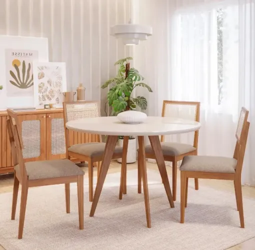 Conjunto Mesa de Jantar Redonda Serena 109 com Vidro e 4 Cadeiras Linho Bege