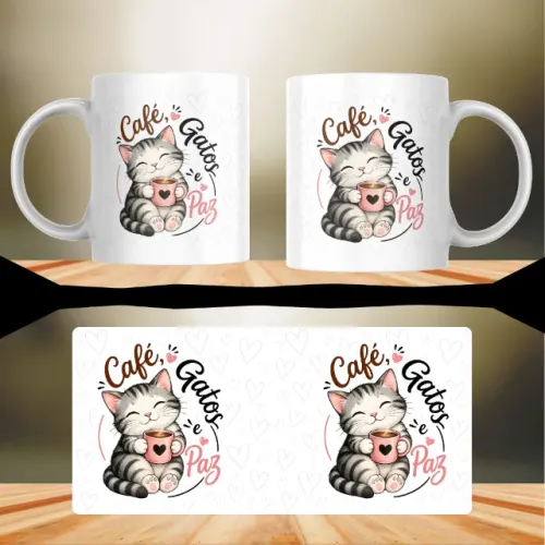 Caneca Café, Gatos e Paz - Estampa Fofa e Encantadora