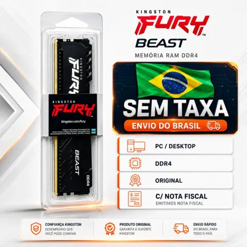 Memória RAM Kingston Fury Beast 8GB 16GB 32GB DDR4 ORIGINAL NOVO PC GAMER C/NOTA