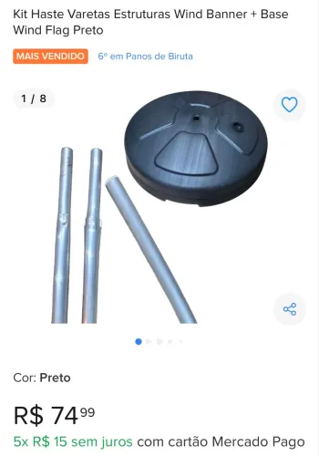 Kit Haste Varetas Estruturas Wind Banner + Base Wind Flag Preto