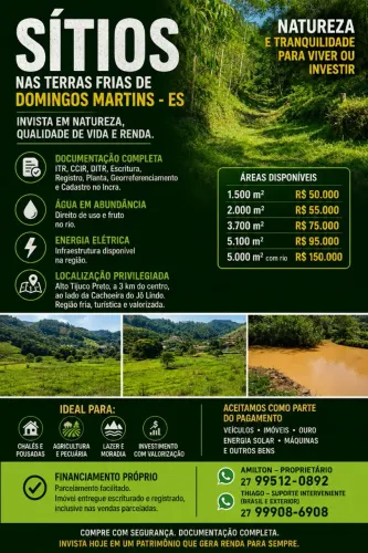 CHÁCARAS NAS TERRAS FRIAS DE DOMINGOS MARTINS/ES, ENERGIA, ÁGUA, ESCRITURA, PARCELO TROCO<br>