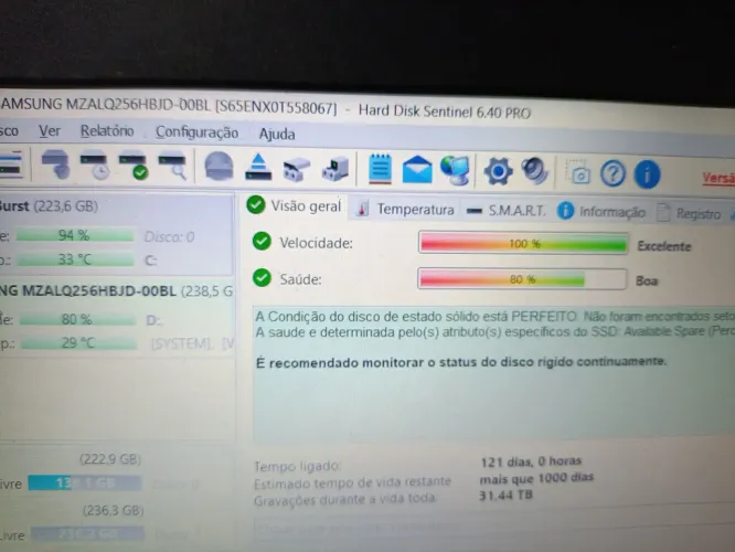 Nvme Samsung 256 gb 80% de saúde 
