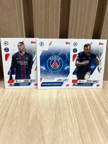 3 Cartas PSG topps Match Attax 2024/25-Dembele Kvaratskhelia e Escudo