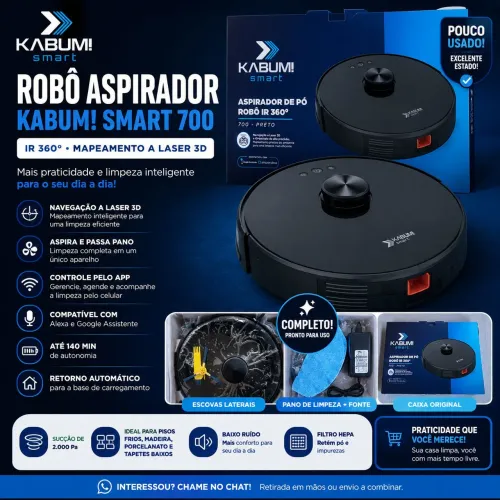 Robô Aspirador KaBuM! Smart 700 IR 360° com Mapeamento a Laser + Passa Pano