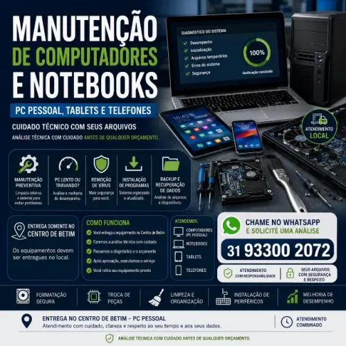 Manutenção de Computadores, Notebooks, Tablets e Celulares ? Betim