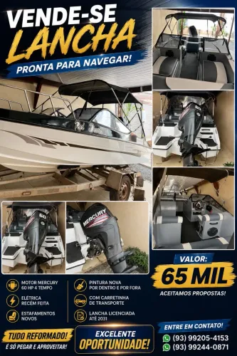 Lancha com motor Mercury 60hp 4t. Tudo novo